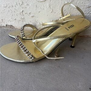 Gold and Diamond Studded Crisscross Ankle Strap Heels Size 6.5 by Bakers